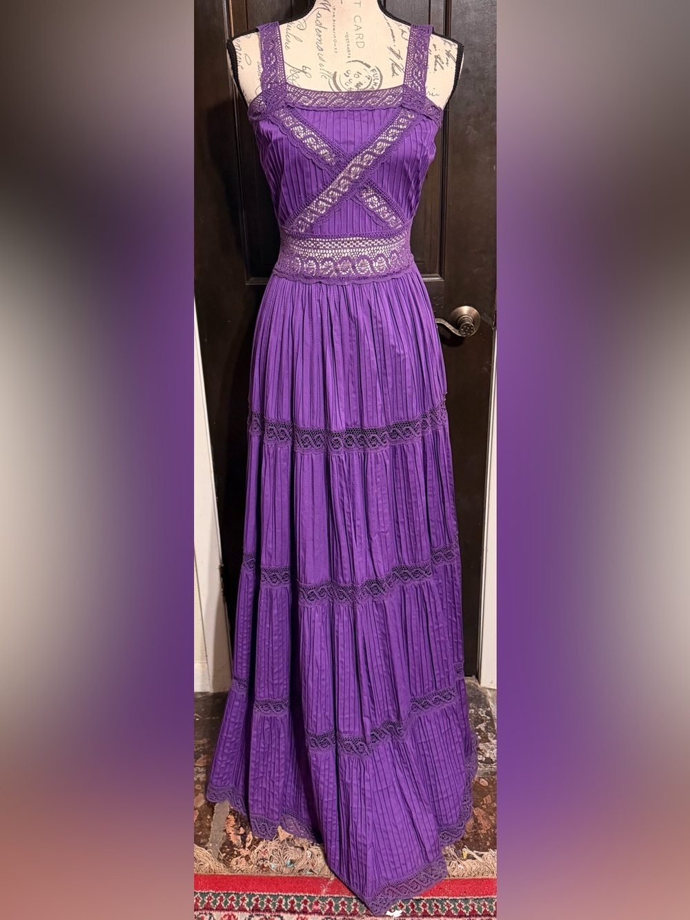 VTG 70s Ropamex Mexican Wedding Dress Purple Crochet Lace Tiered Maxi Gown